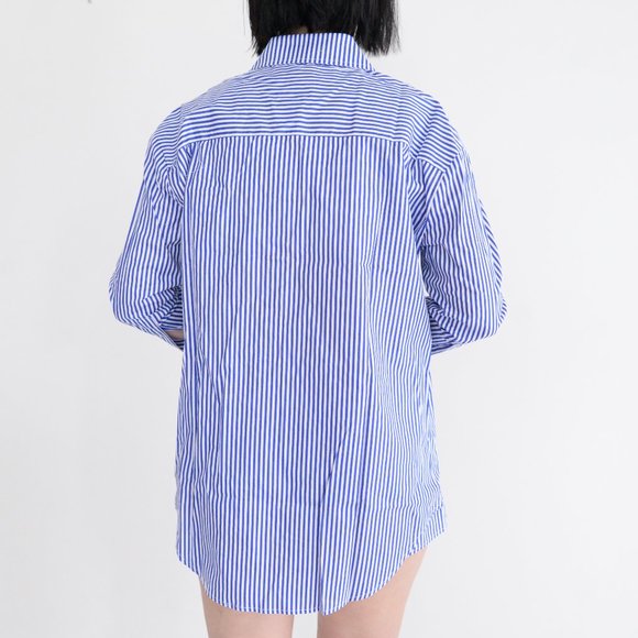 SEROYA Hefley White Blue Stripe Oversized Button Shirt Dress Coated Finish XS - Picture 3 of 6